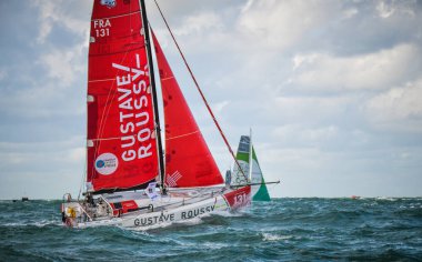 Le Havre / France  - November  05 2017: Transat Jacques Vabre, race start the fleet of sailboats with Class40, Gustave Roussy