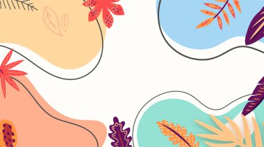 Soyut pastel arkaplan. Tropikal bitkiler botanik tasarım tarzıyla modern sanat el çizimi arka plan. Moda, iç mekan, kapak veya tekstil için..