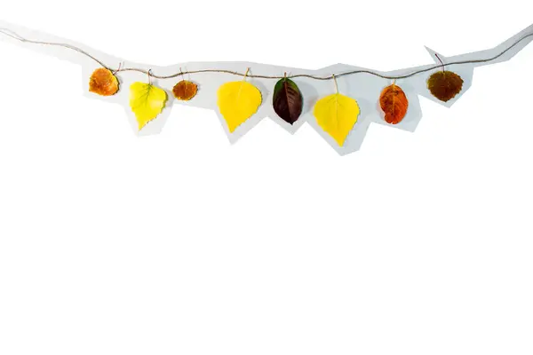 Yellow and red fall leaves on a string. — Stock Photo, Image