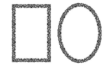 Fotoğraf çerçevesi. Tasarım için dekoratif oval ve dikdörtgen şablon. Vektör geometrik vintage metal element. Çiçek sınırı. Davet için dantel illüstrasyon, tebrik kartı. Not defteri için peçete simgesi.