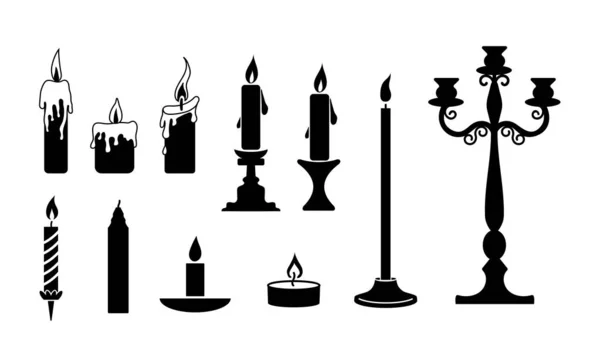 Set Burning Candles Candlesticks White Background Glowing Fire Flowing Wax — Stock Vector