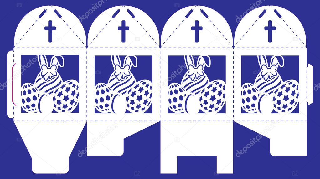 Openwork box with a lace ornament. Vector bonbonniere with silhouette of eggs and cross. Happy Easter eggs with bow, ears of rabbit. Laser cutting template. Cube gift framework to print, cut and fold.