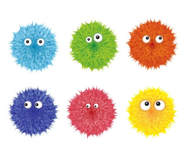 Set of colorful cartoon fluffy pompom. Fur shaggy balls with eyes. Red, pink, blue, green, yellow furry shapes. Vector fuzzy toy isolated on white background. Wool bacterium or microbe. Funny design. — Stock Vector