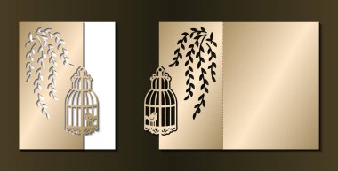 Düğün davetiyesi lazer kesim şablonu. Kafes, kuşlar, yaprakları ile şube ile Kat kartı. Altın vektör illüstrasyon. Altın kuş kafesi silueti. Ahşap oyma, kağıt kesme, döküm desen için panel.