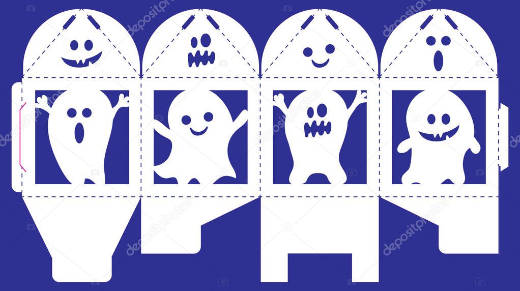 Vector bonbonniere with Halloween spooks. Laser cut template isolated on blue background. Openwork box with silhouette of ghosts, scare characters with assorted expressions. Gift cube to print, fold.