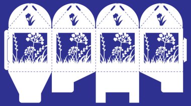 Dantel süs ile Openwork kutusu. Düğün, doğum günü, bebek partisi, vaftiz, parti için vektör bonbonniere. Lazer kesim şablonu. Çayırdaki çimen silueti. Küp hediye kutusu yazdırmak, kesmek ve katlamak.