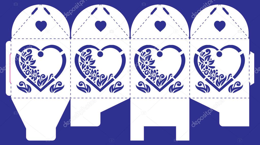 Openwork box with lace ornament. Vector bonbonniere for wedding, birthday, baby shower, baptism, party. Laser cutting template. Silhouette of heart, flower and leaf. Cube gift box to cut and fold.