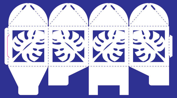 Открытая коробка с кружевным орнаментом. Векторный Бонниер на свадьбу, день рождения, крещение, вечеринку. Шаблон лазерной резки. Силуэт тропических пальмовых листьев, экзотическое растение. Куб подарочная коробка для печати, вырезать и сложить
.