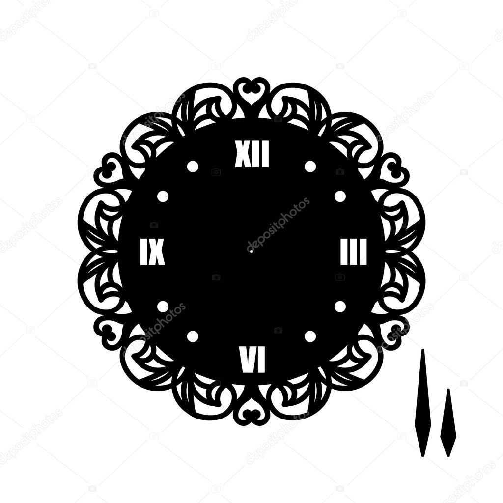 Simple clock face with roman numerals. Vector template of silhouette. Dial for laser cut, wood carving, die cut pattern. Illustration isolated on white background. Openwork stencil with lace ornament.