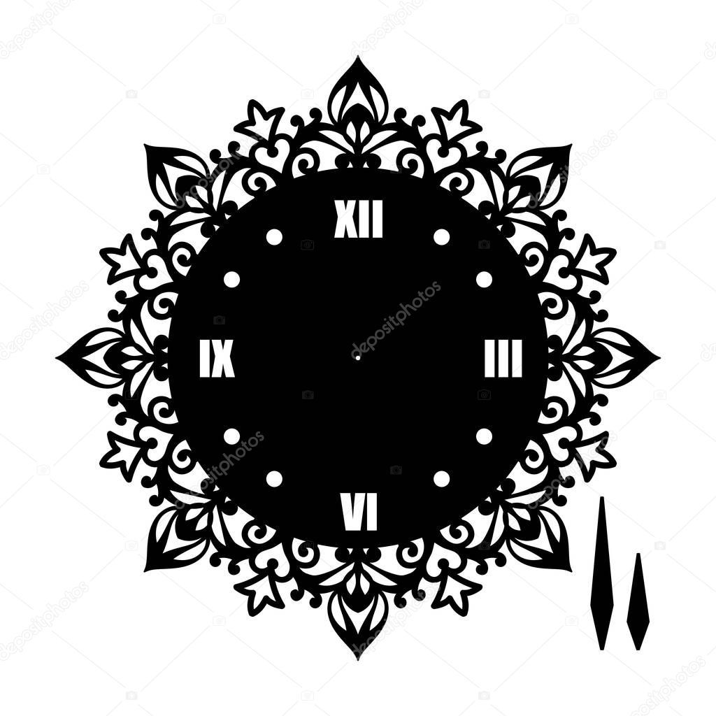 Simple clock face with roman numerals. Vector template of silhouette. Dial for laser cut, wood carving, die cut pattern. Illustration isolated on white background. Openwork stencil with lace ornament.