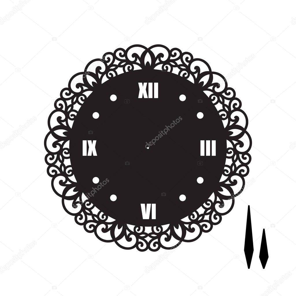 Simple clock face with roman numerals. Vector template of silhouette. Dial for laser cut, wood carving, die cut pattern. Illustration isolated on white background. Openwork stencil with lace ornament.