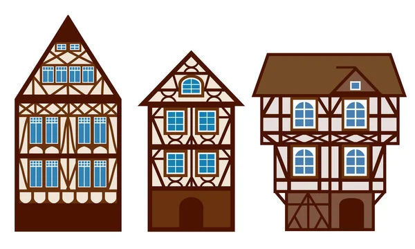 Maison décorée dans un cadre à colombages de style. Silhouette de vieilles demeures européennes. Façades stylisées de vieux bâtiments. Maison rurale vectorielle. Modèle de bâtiment ancien isolé . — Image vectorielle
