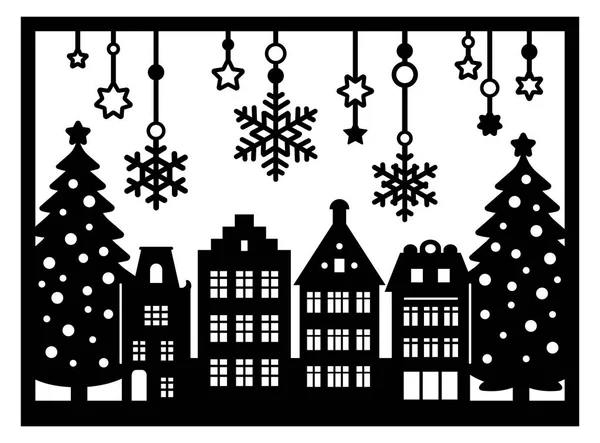 Case in stile Amsterdam tagliate al laser. Biglietto natalizio con facciata stilizzata di vecchi edifici, fiocchi di neve appesi. Silhouette di tipica vista olandese in cornice. Modello vettoriale intaglio legno. Carta natalizia ritagliata . — Vettoriale Stock