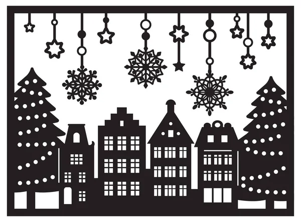 Lasergeschnittene Häuser im Amsterdam-Stil. Weihnachtskarte mit stilisierter Fassade alter Gebäude, hängende Schneeflocken. Silhouette der typisch holländischen Ansicht im Rahmen. Vektorschablone für Holzschnitzerei. Weihnachtspapier ausgeschnitten. — Stockvektor