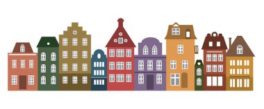Amsterdam tarzı renkli evler seti. Hollanda'da satır tipik Hollandalı görünümü renkli. Eski binaların stilize cepheleri. Ev ufuk çizgisi vektör şablonu. Kart için arka plan, afiş. Kentsel peyzaj