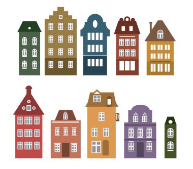 Amsterdam tarzı evler. Lazer kesim siluet. Eski Avrupa modasında binaların stilize cepheleri. Ahşap oyma vektör şablonu. Renkli evler. Kentsel peyzaj.