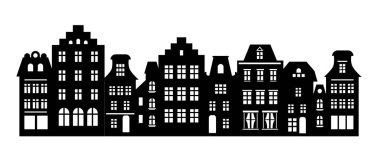 Lazer kesim Amsterdam tarzı evler. Hollanda'da tipik Hollanda kanal görünümü bir satır Siluet. Eski binaların stilize cepheleri. Ahşap oyma vektör şablonu. Banner, kart için arka plan.