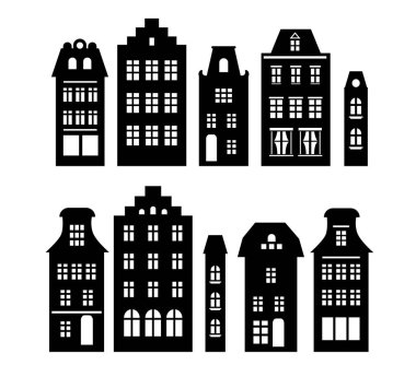 Siyah beyaz Amsterdam tarzı evler ayarlayın. Lazer kesim siluet. Eski Avrupa modasında binaların stilize cepheleri. Ahşap oyma vektör şablonu. Kentsel peyzaj.