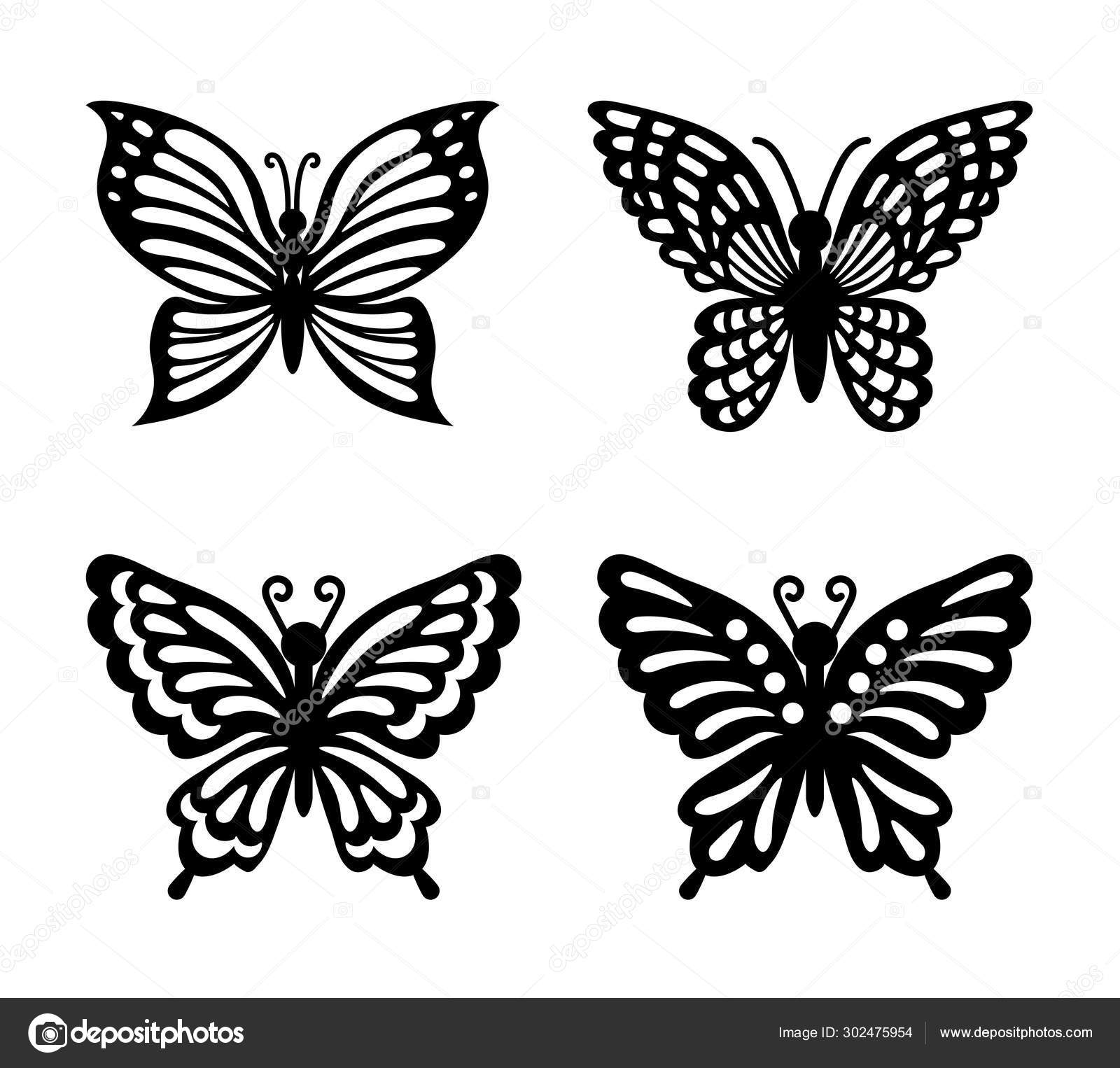 在透明背景上隔离的黑色蝴蝶的集合。激光切割矢量集。剪影飞行昆虫图标。木雕模板。婚礼卡切割，邀请函. 图库矢量图©Natalia8302@mail.ru  302475954