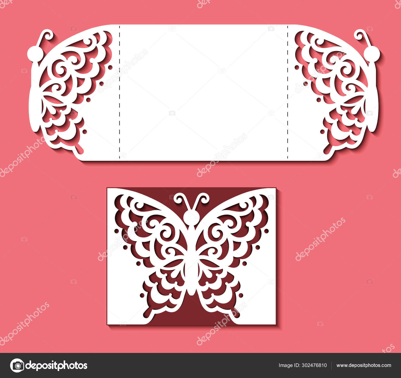 Plantilla de corte láser. Tarjeta con mariposa para la boda, San Valentín,  puerta de la invitación, image size:1600x1508