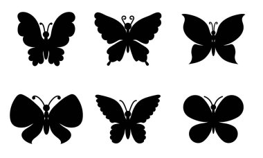 Şeffaf arka planda izole edilmiş siyah kelebekler koleksiyonu. Lazer kesim vektör seti. Simgeler için böcekleri uçuran siluetler. Ahşap oyma vektör şablonu.