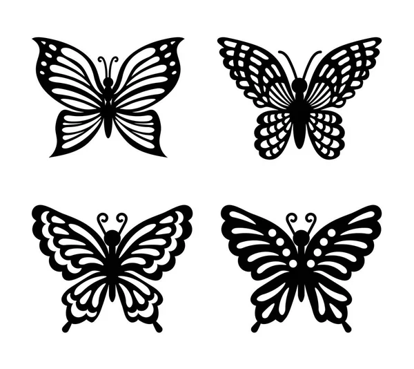 透明な背景に隔離された黒い蝶のコレクション。レーザーカットベクトルセット。アイコンのための昆虫を飛ぶシルエット。木彫りのテンプレート。結婚式のカード、招待状のためのカット. — ストックベクタ