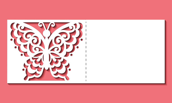 Laser cut template. Card with butterfly for wedding, Valentines, gate fold invitation, greeting, save the day. Cutout openwork vector silhouette. Pattern on the ornate lace insect on red background.