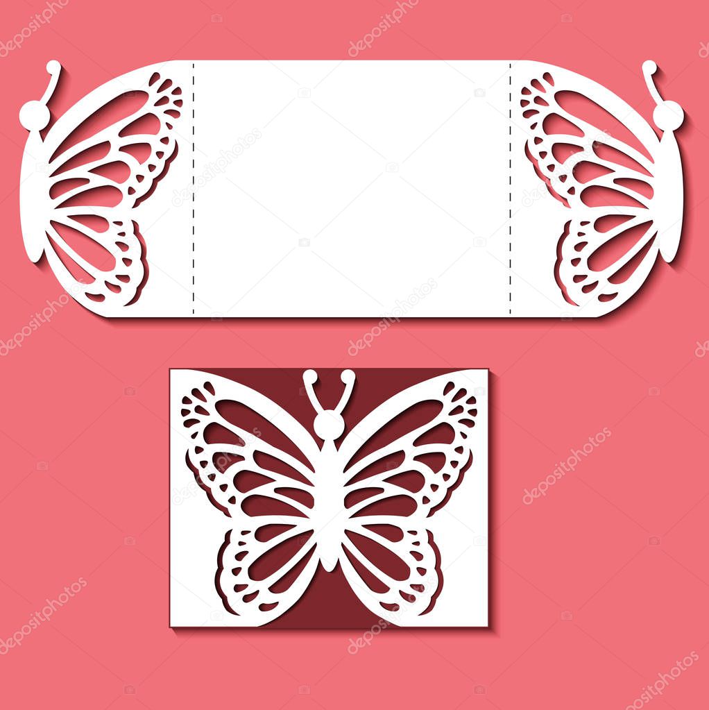 Laser cut template. Card with butterfly for wedding, Valentines, gate fold invitation, greeting, save the day. Cutout openwork vector silhouette. Pattern on the ornate lace insect on red background.
