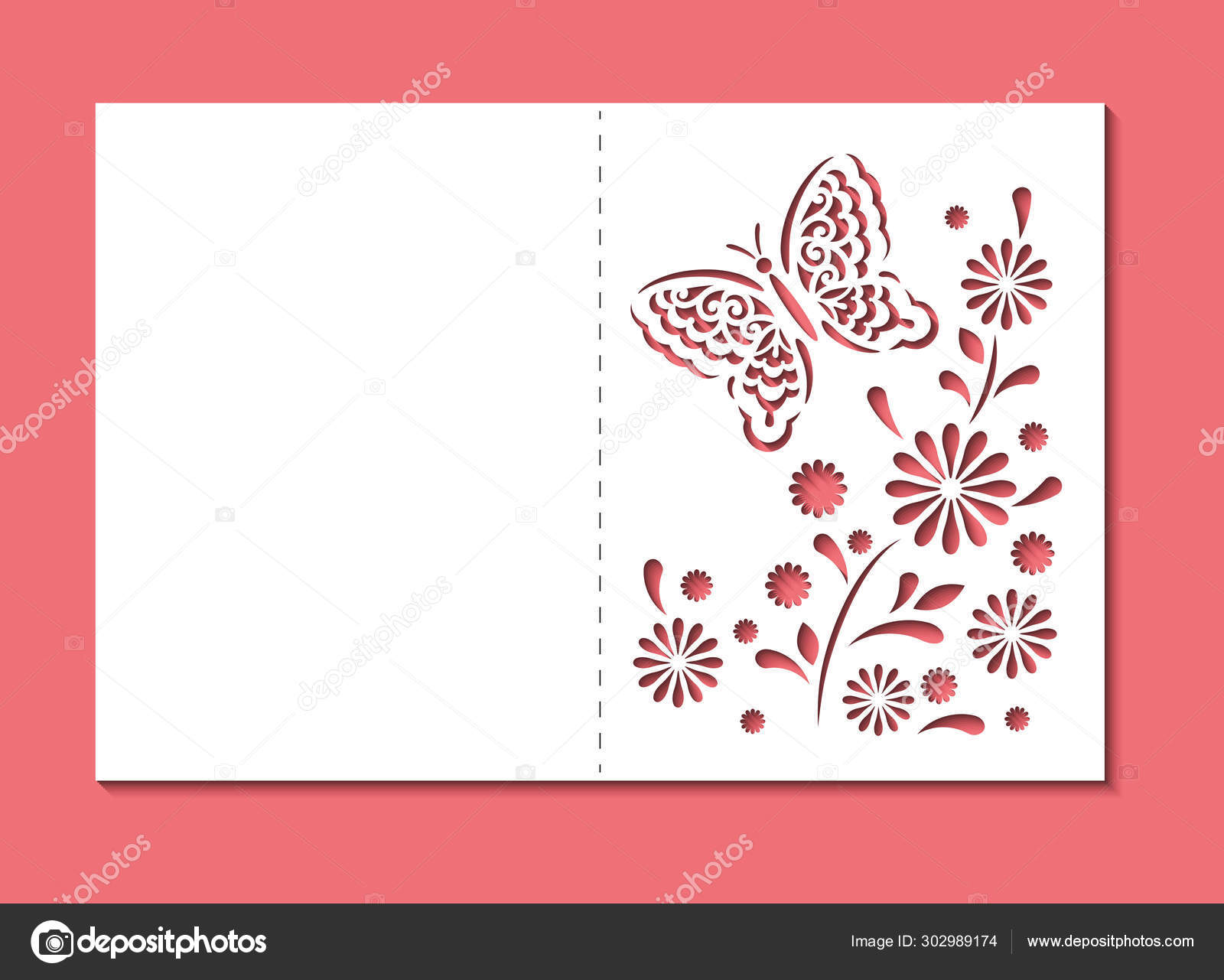 Laser cut template of wedding invitation with butterfly. Mockup of greeting  card with floral ornament. Die cut stencil, lace decor for Valentines day.  Flower openwork vector silhouette for envelope. Stock Vector by ©, image size:1600x1281