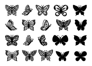 Lazer kesim şablonu, mercan arka plan üzerinde izole kelebekler vektör seti. Cutout openwork siluetleri tam yüz ve profil. Düğün kartı için simgeler için süslü dantel uçan böcekler üzerinde Desen.