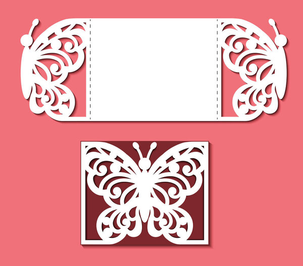 Laser cut template. Card with butterfly for wedding, Valentines, gate fold invitation, greeting, save the day. Cutout openwork vector silhouette. Pattern on the ornate lace insect on red background.