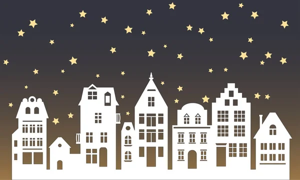 Case in stile Amsterdam tagliate al laser. Silhouette notturna di fila di tipiche case sul canale olandesi nei Paesi Bassi. Facciate stilizzate di vecchi edifici. Modello vettoriale piatto. Contesto. Decorazione natalizia per finestra . — Vettoriale Stock