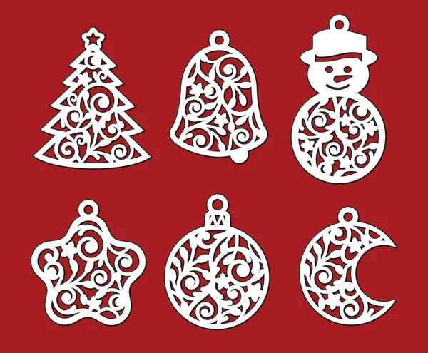 Set of Christmas decoration: xmas tree, snowman, bell, crescent, star, ball. Template for laser cutting, wood carving. Vector silhouette on red background. Openwork ornate toy with lace ornament. — Stock Vector