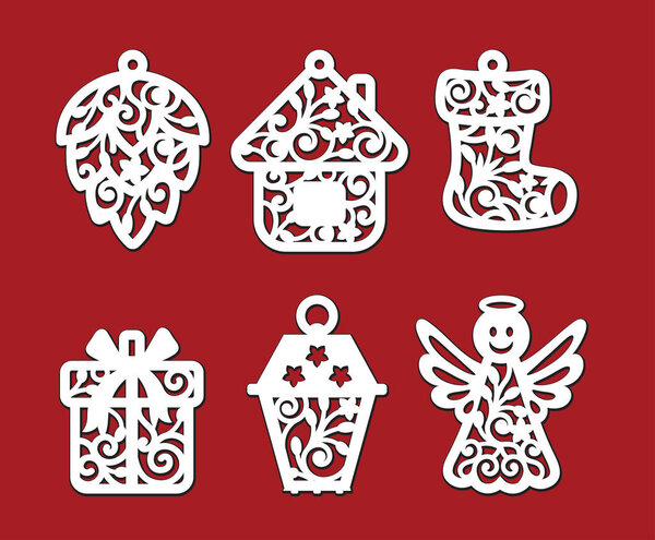 Set of Christmas decoration: fir-cone, house, xmas sock, gift box, lantern, angel. Template for laser cutting, wood carving. Vector silhouette on red background. Openwork ornate toy with lace ornament