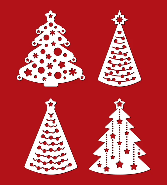 Set van kerstbomen met bal, sneeuwvlok, Garland, ster. Sjabloon voor lasersnijden, houtsnijwerk. Vector silhouet op rode achtergrond. Knipsel opengewerkte speelgoed met kant sieraad. Decoratie Xmas pictogram. — Stockvector