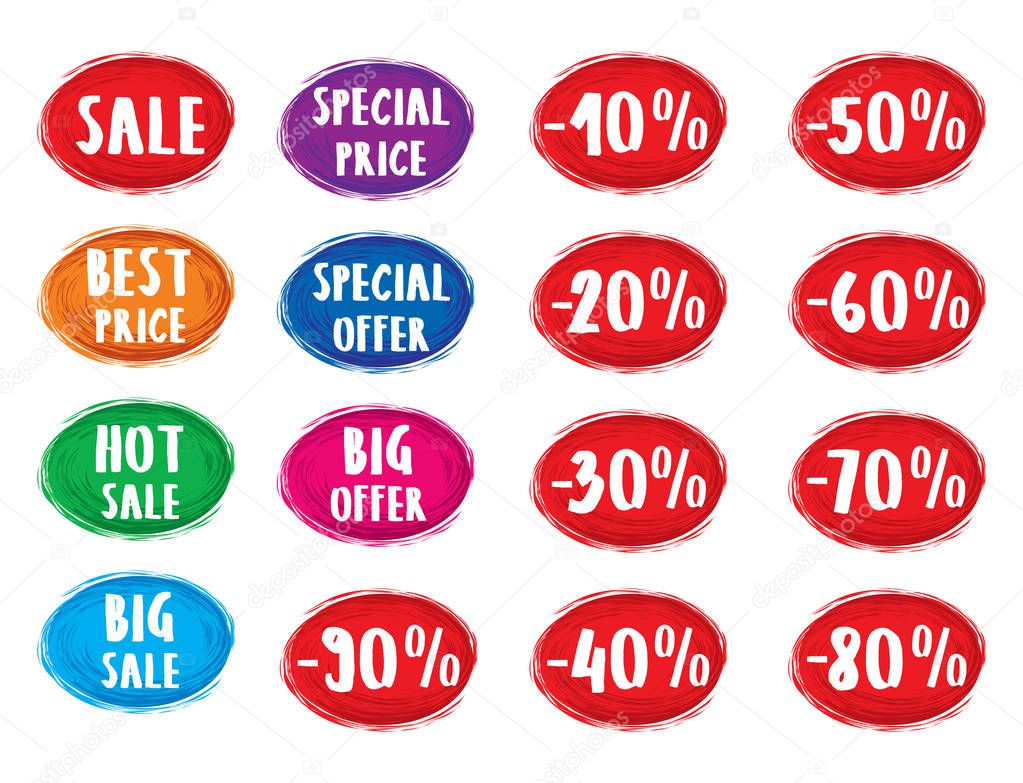 Colorful labels and stickers set. Collection symbols in grunge style such as Sale, Special offer, Special price, Hot sale, Best price, Big sale, Big offer, 10,20,30, 40, 50, 60, 70, 80, 90 off. Vector