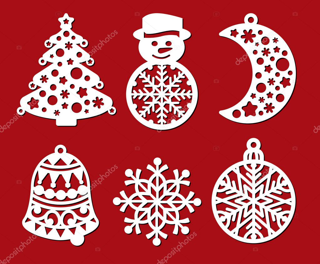 Set of Christmas decoration: xmas tree, snowman, crescent, bell, snowflake, ball. Template for laser cutting, wood carving. Vector silhouette on red background. Cutout openwork toy with lace ornament.
