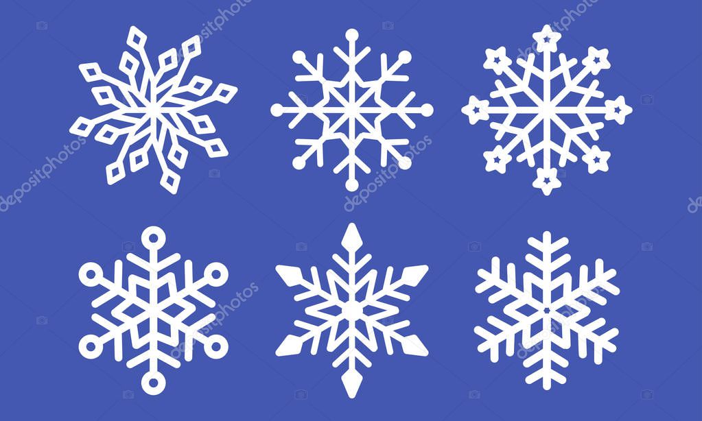 Set of laser cutting openwork snowflakes. Christmas decoration. Template for cut out paper snowflake isolated on blue background. Vector silhouette, stencil for scrapbooking, woodcut, carved wood.