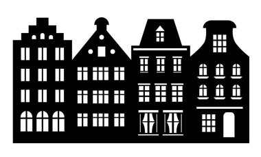 Amsterdam tarzı evler seti. Lazer kesim siluet. Eski Avrupa görünümünde binaların stilize cepheleri. Ahşap oyma vektör şablonu. Siyah beyaz Hollanda kentsel peyzaj.