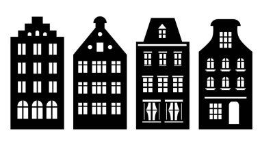 Amsterdam tarzı evler seti. Lazer kesim siluet. Eski Avrupa görünümünde binaların stilize cepheleri. Ahşap oyma vektör şablonu. Siyah beyaz Hollanda kentsel peyzaj.