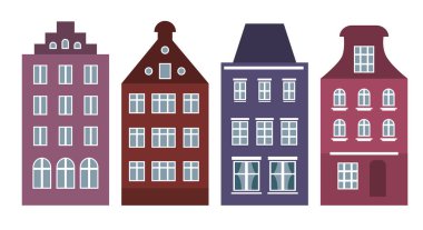 Amsterdam tarzı renkli evler seti. Hollanda'da satır tipik Hollandalı görünümü renkli. Eski binaların stilize cepheleri. Ev ufuk çizgisi vektör şablonu. Kart için arka plan, afiş. Kentsel peyzaj