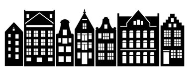 Amsterdam tarzı evler seti. Lazer kesim siluet. Eski Avrupa modası hollanda binalarının stilize cepheler. Ahşap oyma vektör şablonu. Siyah beyaz kentsel peyzaj. Kağıt kesme, kalıp kesme.