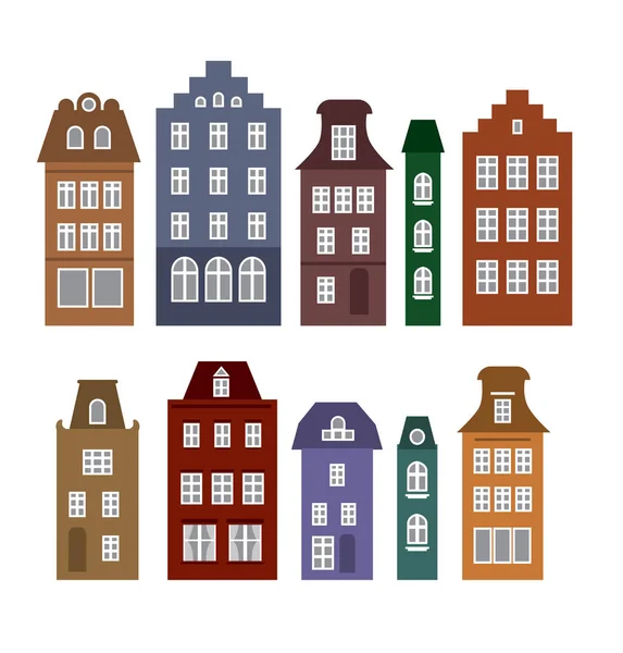 Casas de estilo Amsterdam. Silueta de corte láser. Fachadas estilizadas de edificios a la antigua moda europea. Plantilla vectorial talla madera. Casas de color. Paisaje urbano . — Archivo Imágenes Vectoriales