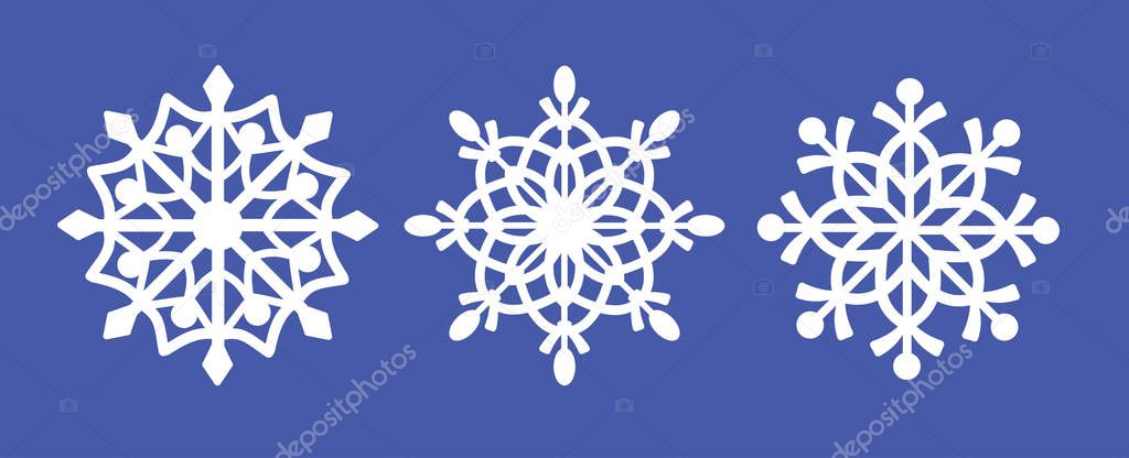 Set of laser cutting openwork snowflakes. Christmas decoration. Template for cut out paper snowflake isolated on blue background. Vector silhouette, stencil for scrapbooking, woodcut, carved wood.