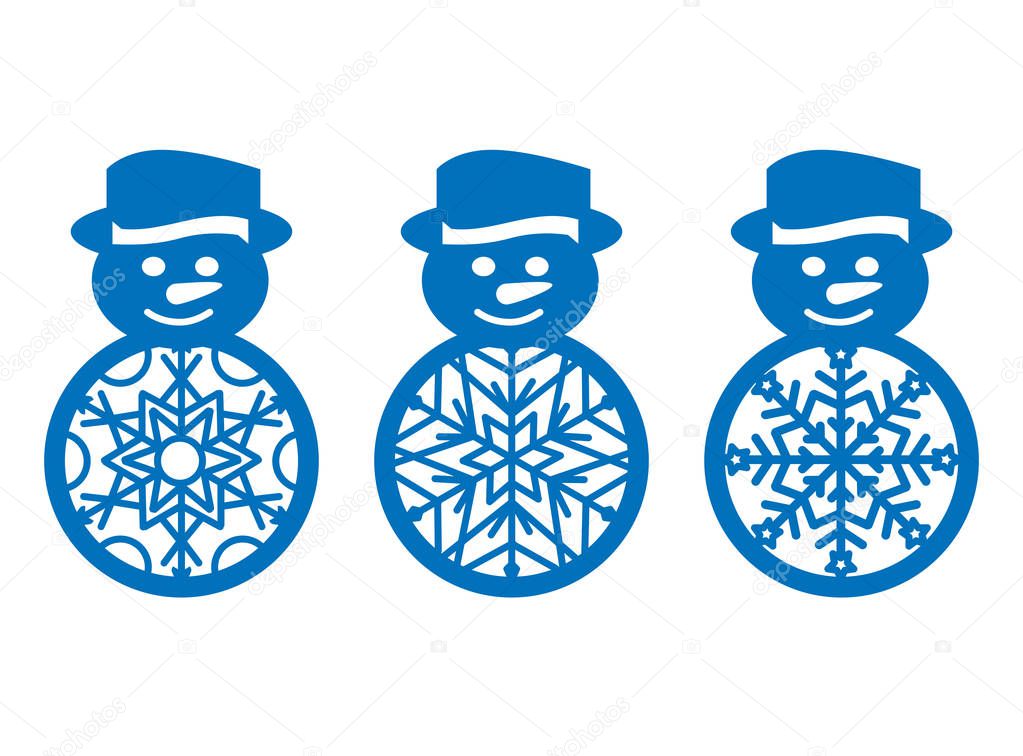 Set of laser cut template of Christmas snowman with snowflake. Xmas tree decoration for cutout plotter, printing. Vector illustration on isolated background. Openwork toy with a lace ornament.