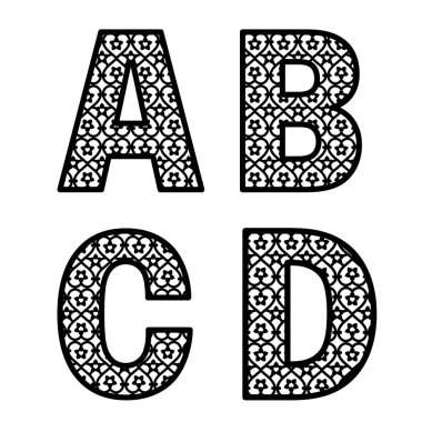 Lazer kesim için A, B, C, D harfleri. İlk monogram harfleri. Alfabe karakterleri. Kağıt veya kalıp kesme için Dekor yazı tipi. Davetiye için vektör yazı, bebek duş, doğum günü kartı, scrapbooking, düğün