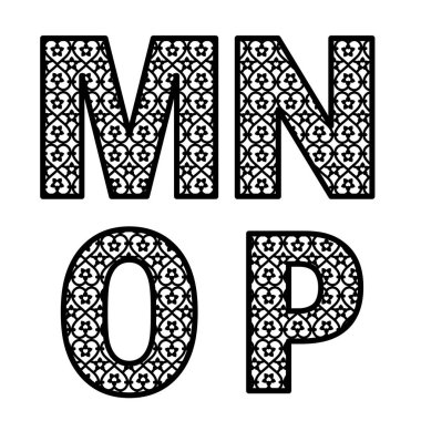 Lazer kesim için M, N, O, P harfleri. İlk monogram harfleri. Alfabe karakterleri. Kağıt veya kalıp kesme için Dekor yazı tipi. Davetiye için vektör yazı, bebek duş, doğum günü kartı, scrapbooking, düğün