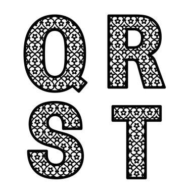 Lazer kesim için Q, R, S, T harfleri. İlk monogram harfleri. Alfabe karakterleri. Kağıt veya kalıp kesme için Dekor yazı tipi. Davetiye için vektör yazı, bebek duş, doğum günü kartı, scrapbooking, düğün