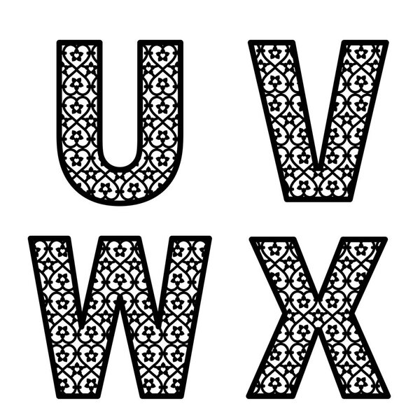 Letters U, V, W, X for laser cutting. Initial monogram letters. Alphabet characters. Decor font for paper or die cut. Vector lettering for invitation, baby shower, birthday card, scrapbooking, wedding