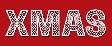 Xmas. Lazer kesim siluet. Alfabe karakterinin harf şablonu. Die kesme kağıt için Dekor yazı tipi. Kaligrafi tipografi sepo kelimesi. Davetiye, kart, scrapbooking, Yılbaşı, Noel için vektör yazı.